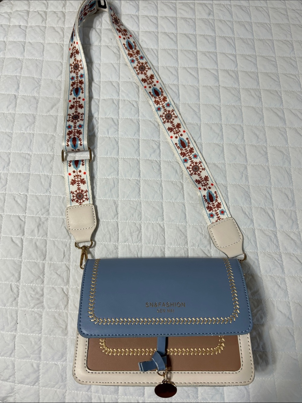 SN&FASHION Blue and Brown Crossbody Bag with Embroidered Strap